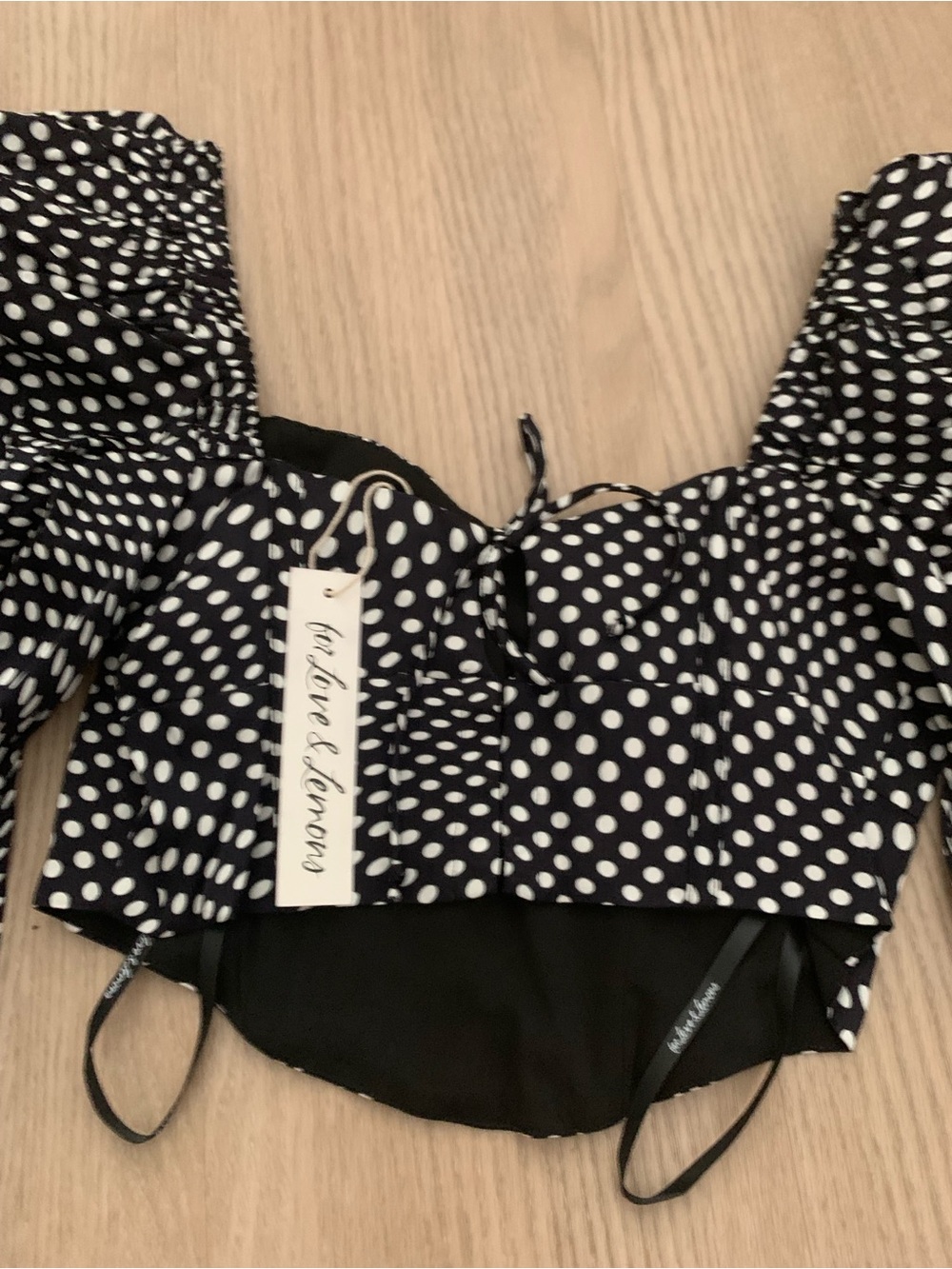 For Love And Lemons Kat Black & White Polka Dot Puff Sleeve Crop Top size XS NWT - Picture 8 of 8